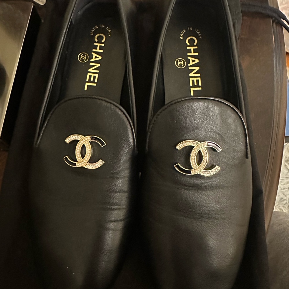 Chanel Black Loafers with Gold Logo